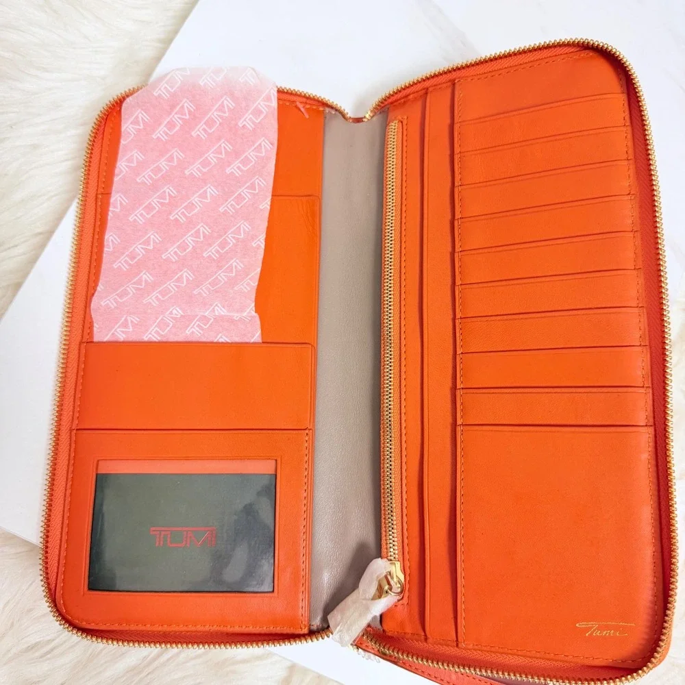 Tumi Voyaguer Continental Orange Leather Zip Around Wristlet Travel Wallet